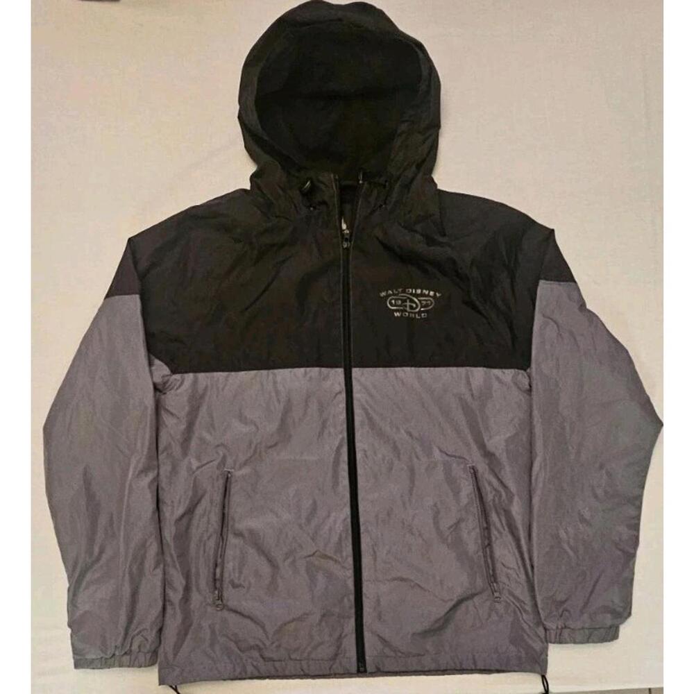 Disney Jacket Mens Gray Black World Parks Windbreaker Rain Coat Hooded 1971